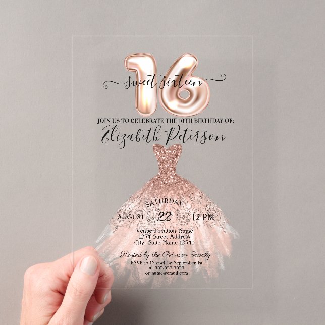 Elegant Chic Rose Gold Dress Confetti Sweet 16 Acryleinladungen (Insitu (Handheld))