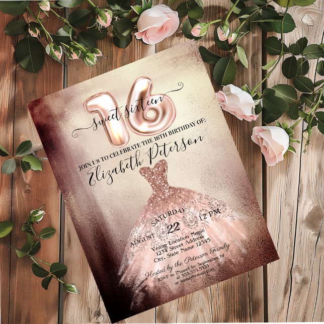 Elegant Chic Rose Gold Dress Confetti Sweet 16 Einladung (Von Creator hochgeladen)