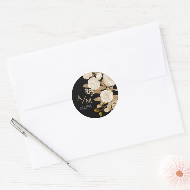 Elegant Chic Rose Monogram Black Runder Aufkleber (Umschlag)