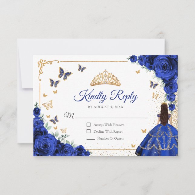 Elegant Chic Royal Blue Gold Quinceanera Reply RSVP Karte (Vorderseite)