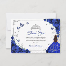 Elegant Chic Royal Blue Roses Silver Quinceanera Dankeskarte