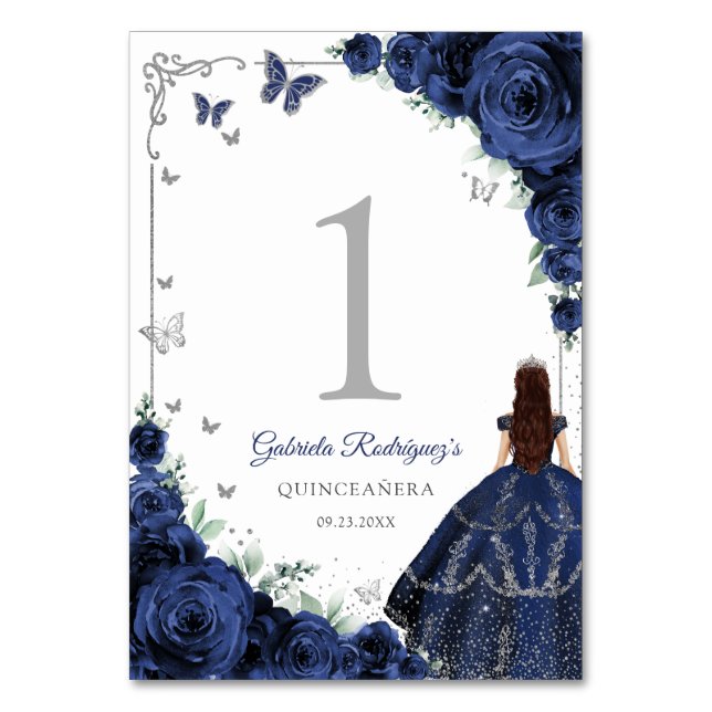 Elegant Chic Royal Blue Roses Silver Quinceanera Tischnummer (Vorderseite)