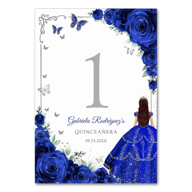 Elegant Chic Royal Blue Roses Silver Quinceanera Tischnummer (Vorderseite)