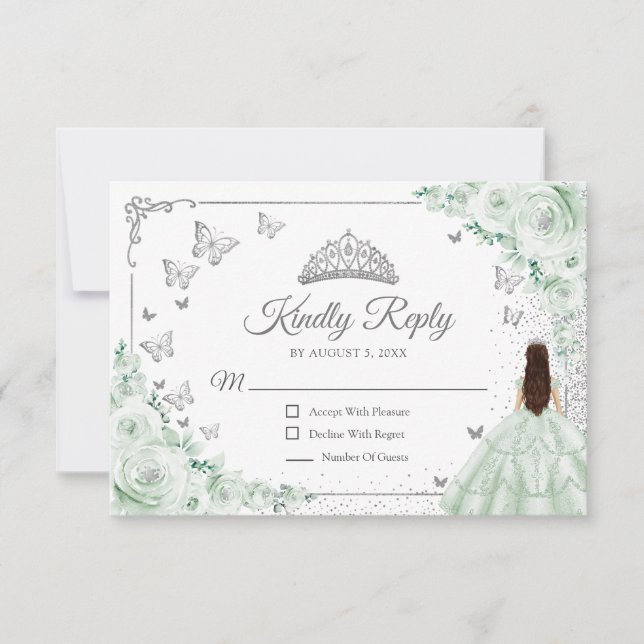 Elegant Chic Sage Green Silver Quinceanera Reply RSVP Karte (Vorderseite)