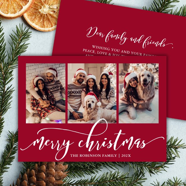 Elegant Chic Script 3 Photo Collage Red Christmas  Feiertagskarte (Von Creator hochgeladen)