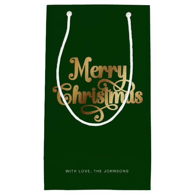 Elegant Chic Script Green Gold Frohe Weihnachten Kleine Geschenktüte (Vorderseite)