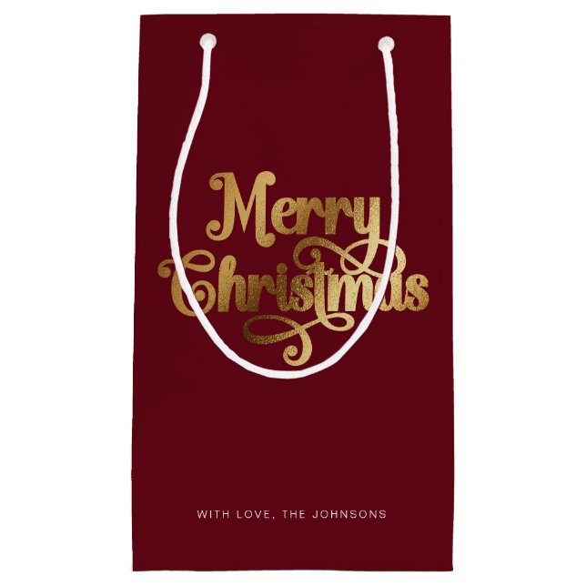 Elegant Chic Script Red Gold Frohe Weihnachten Kleine Geschenktüte (Vorderseite)