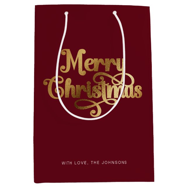 Elegant Chic Script Red Gold Frohe Weihnachten Mittlere Geschenktüte (Vorderseite)