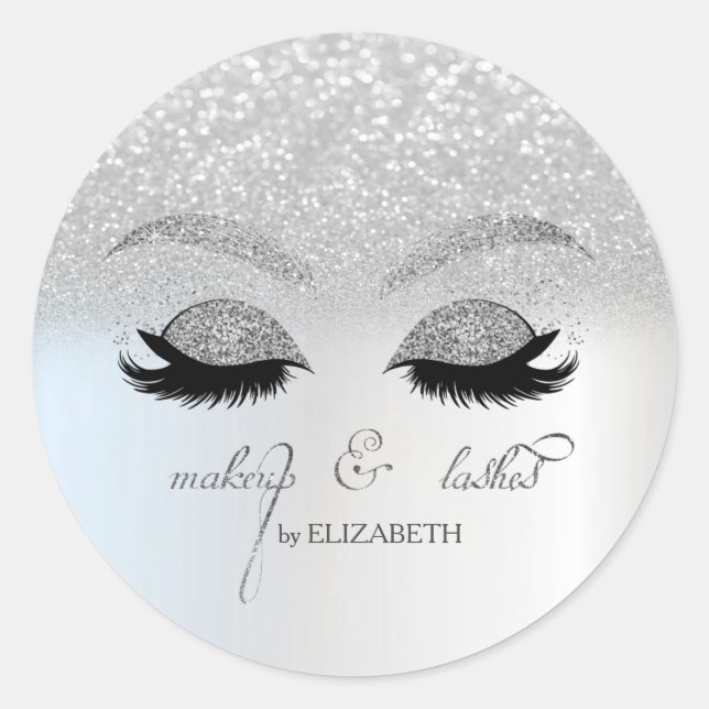 Elegant Chic Silver Glitzer Bokeh, Imitate Lashes Runder Aufkleber (Vorderseite)
