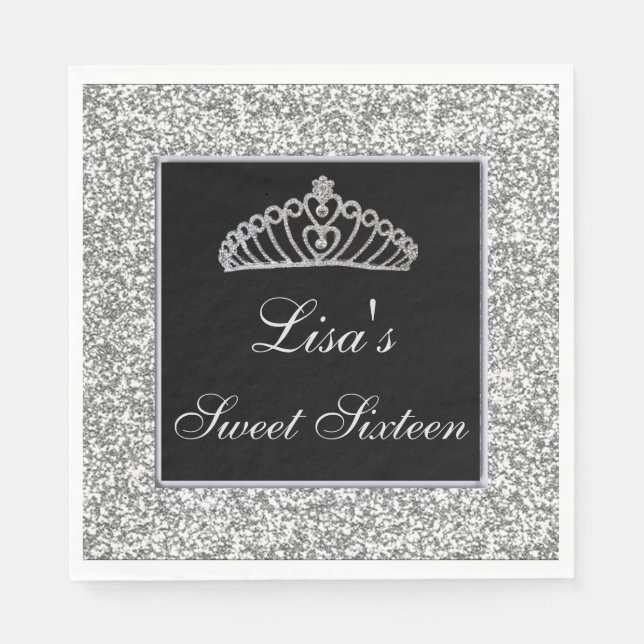 Elegant Chic Silver Glitzer Tiara Sweet 16 Serviette (Vorderseite)