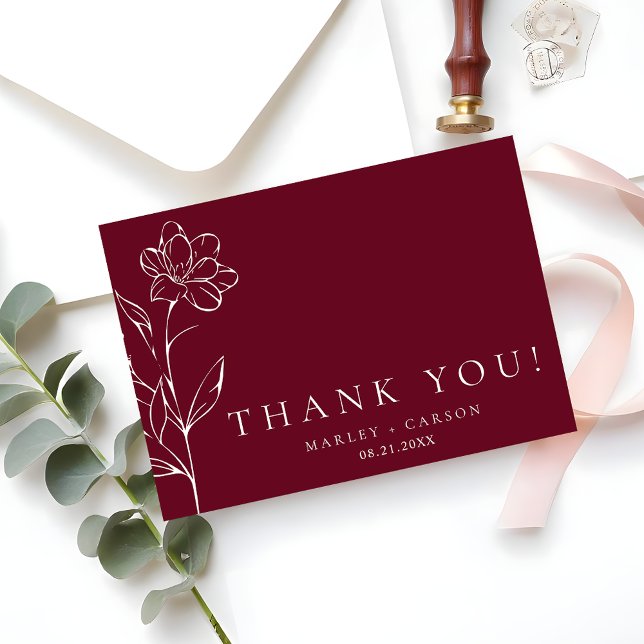 Elegant Chic Sketched Floral Burgundy Wedding Dankeskarte (Von Creator hochgeladen)
