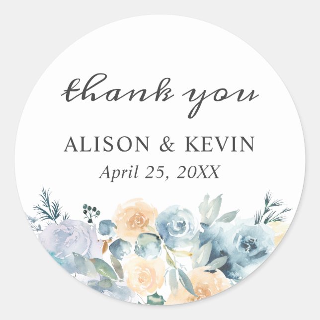 Elegant Chic Vanilla Blue Floral Vielen Dank Runder Aufkleber (Vorderseite)