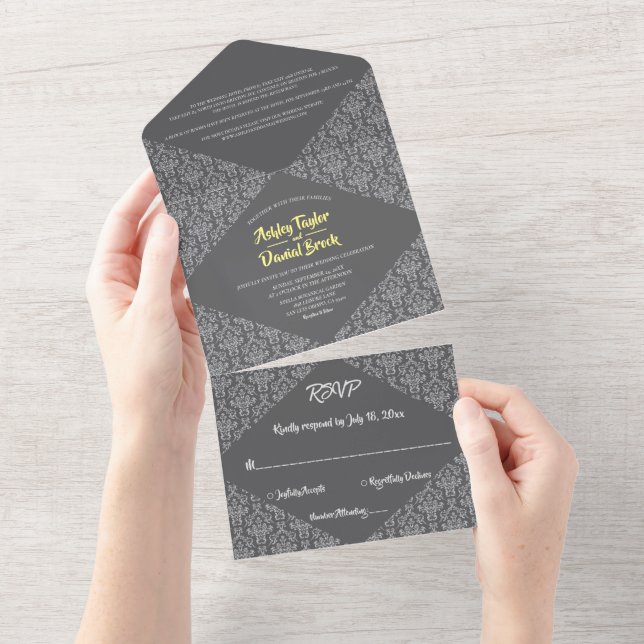 Elegant Chic Verziert Damask Gray Formal Wedding All In One Einladung (Abreißen)