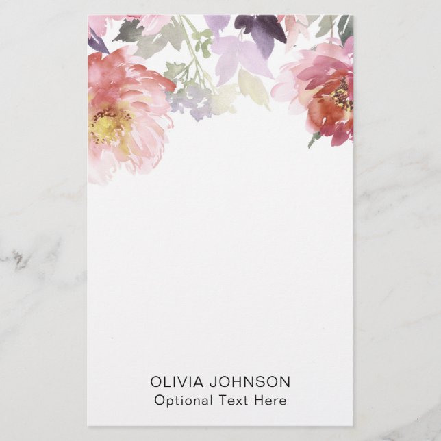 Elegant Chic Watercolor Floral Monogram Name Briefpapier (Vorderseite)