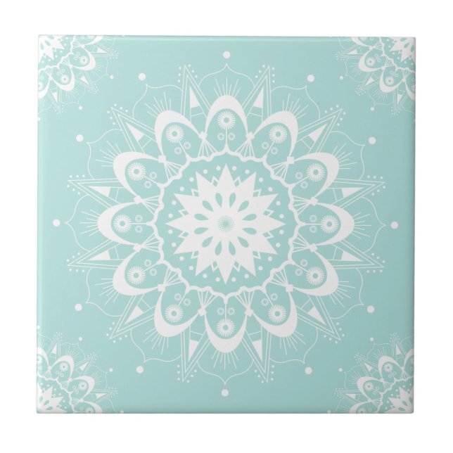 Elegant Chic White Aquamarin Floral Geometric Mand Fliese (Vorderseite)