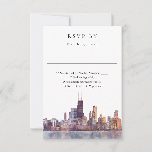 Elegant Chicago Skyline Watercolor Wedding RSVP Karte (Vorderseite)