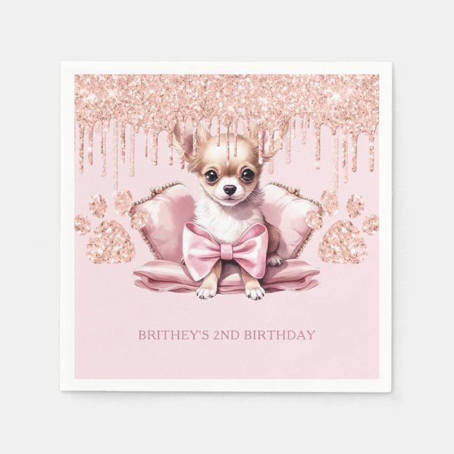 Elegant Chihuahua mit Glitzer Birthday Party Serviette (Vorderseite)