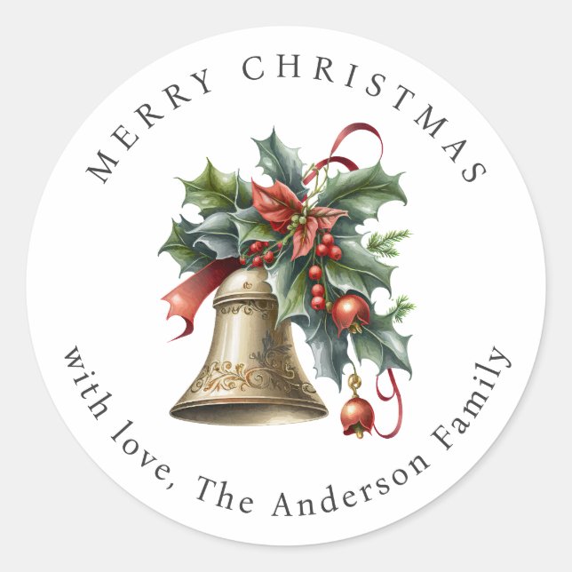 Elegant Christmas Bell Holly Berries Holiday Runder Aufkleber (Vorderseite)