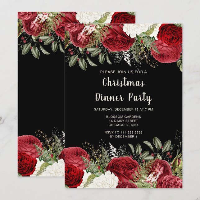 Elegant Christmas Dinner Party Red Flowers Einladung (Vorne/Hinten)