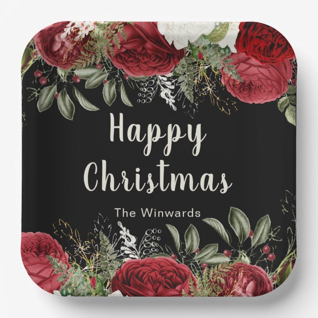 Elegant Christmas Dinner Party Red Flowers Pappteller (Vorderseite)
