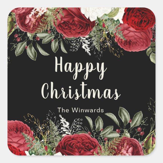 Elegant Christmas Dinner Party Red Flowers Quadratischer Aufkleber (Vorderseite)