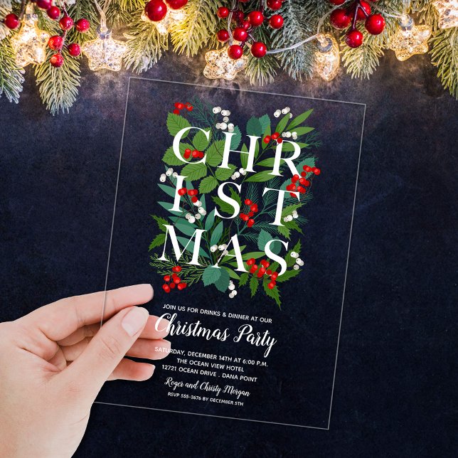 Elegant CHRISTMAS Greenery Acryleinladungen (Elegant CHRISTMAS typography and greenery ACRYLIC party invitations)