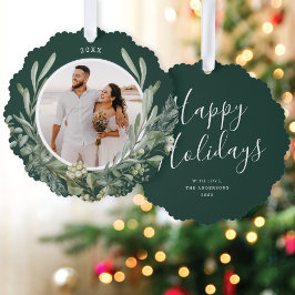 Elegant Christmas Greenery Botanical Photo Holiday Ornament Karte