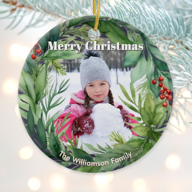 Elegant Christmas Greenery Custom Photo Keramik Ornament (A Christmas ornament with watercolor-style greenery, custom name and photo(s))