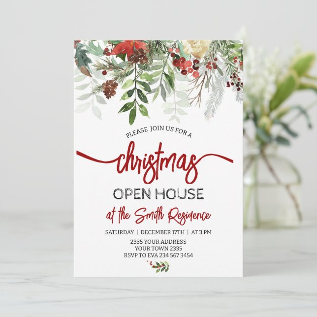 Elegant Christmas Holiday Open House Party Einladung (Stehend Vorderseite)