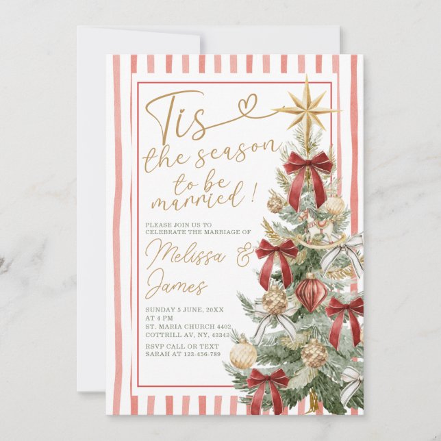 Elegant Christmas Marriage Red & Gold Einladung (Vorderseite)