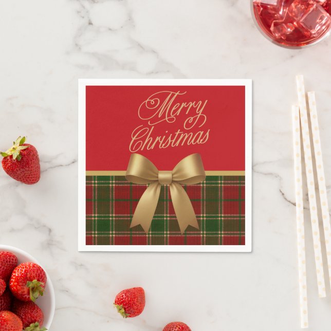 Elegant Christmas Plaid Napkin with Gold Bow Serviette (Beispiel)