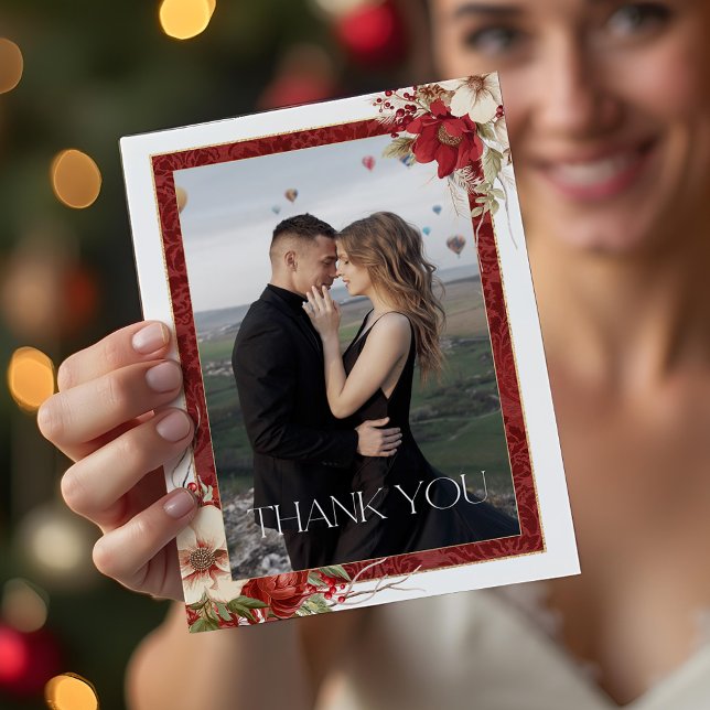 Elegant Christmas Red Damask Floral Dankeskarte (Von Creator hochgeladen)