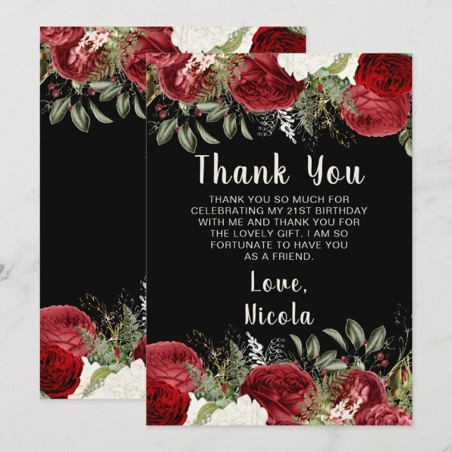 Elegant Christmas Red Flowers Birthday Party Dankeskarte (Vorne/Hinten)
