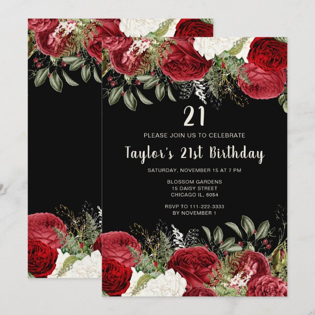 Elegant Christmas Red Flowers Birthday Party Einladung (Vorne/Hinten)