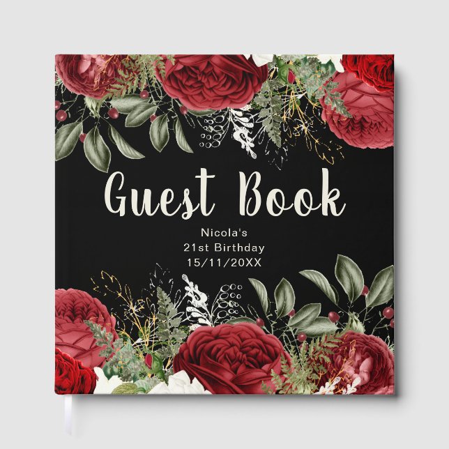 Elegant Christmas Red Flowers Birthday Party Gästebuch (Vorderseite)