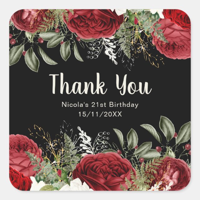 Elegant Christmas Red Flowers Birthday Party Quadratischer Aufkleber (Vorderseite)