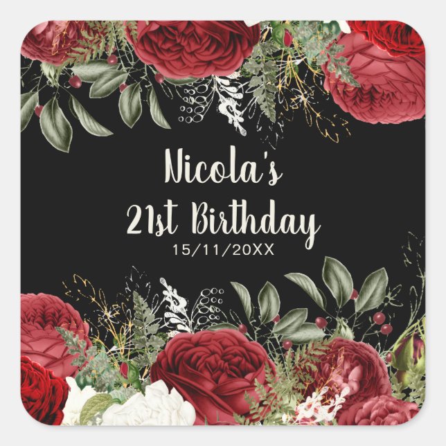 Elegant Christmas Red Flowers Birthday Party Quadratischer Aufkleber (Vorderseite)