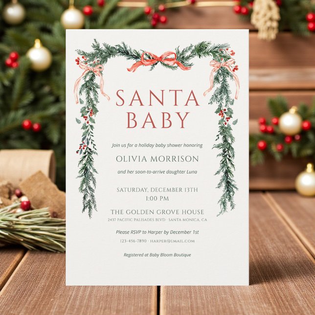 Elegant Christmas Santa Baby Red Bow Baby Shower Einladung (Von Creator hochgeladen)