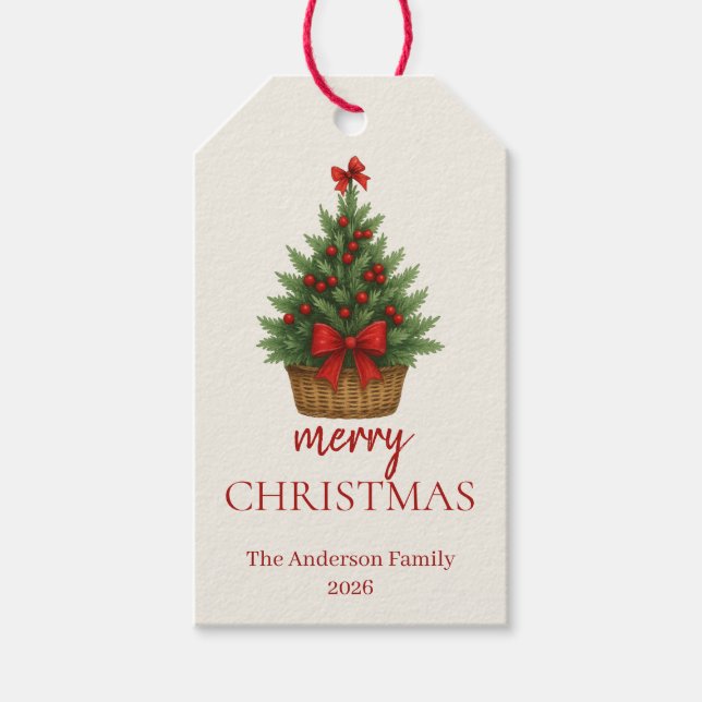 Elegant Christmas Tree – Red Ribbon  Geschenkanhänger (Vorderseite)