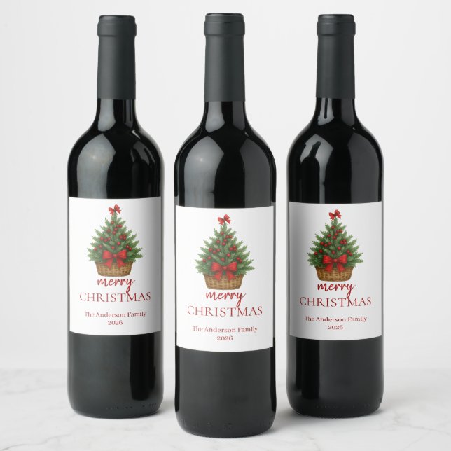 Elegant Christmas Tree – Red Ribbon  Weinetikett (Flaschen)