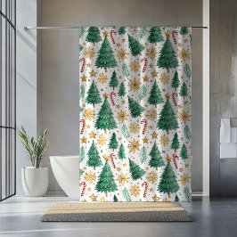 Elegant Christmas Trees Red Green Gold Bathroom Duschvorhang