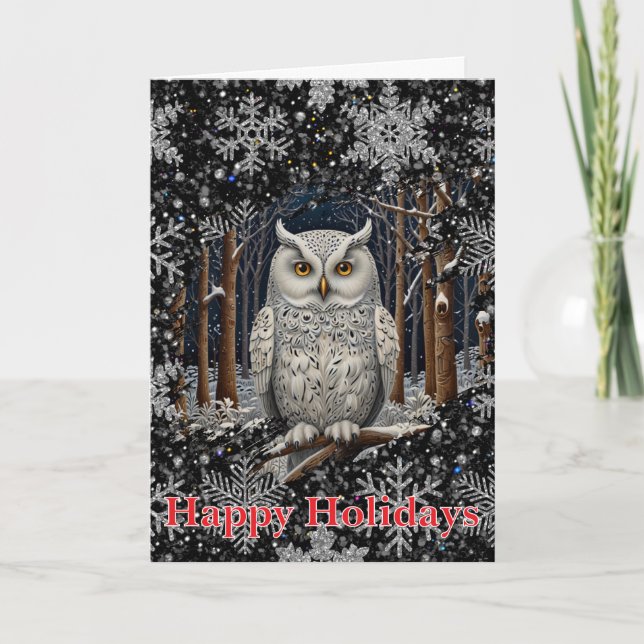 Elegant Christmas white owl woodland winter forest Karte (Vorderseite)