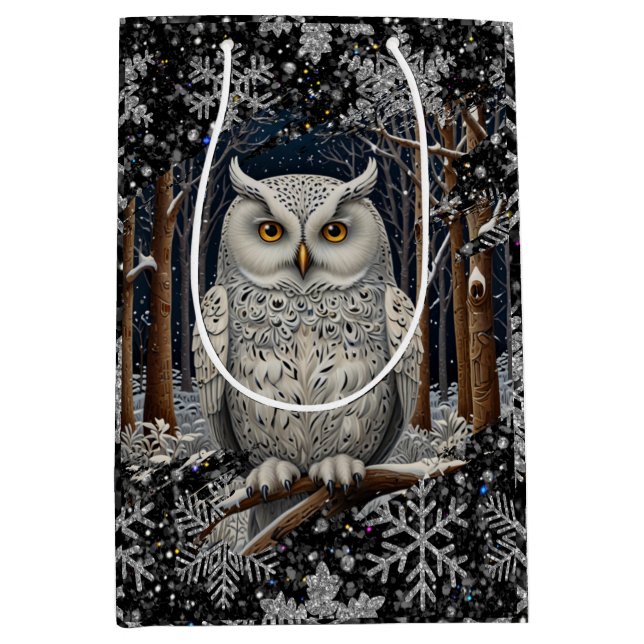 Elegant Christmas white owl woodland winter forest Mittlere Geschenktüte (Vorderseite)