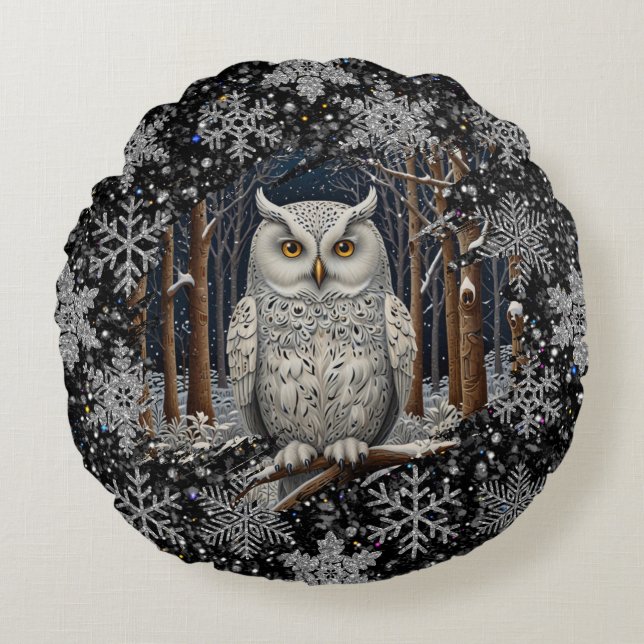 Elegant Christmas white owl woodland winter forest Rundes Kissen (Vorderseite)