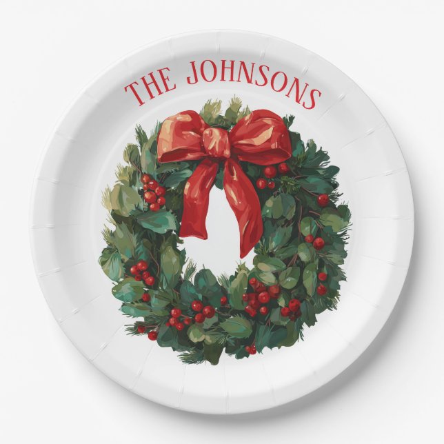 Elegant Christmas Wreath Custom Name Paper Plates Pappteller (Vorderseite)