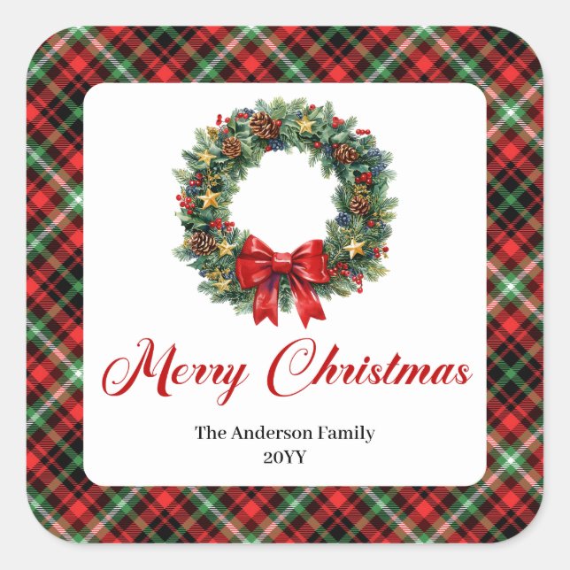 Elegant Christmas Wreath Red Green Plaid Stickers (Vorderseite)