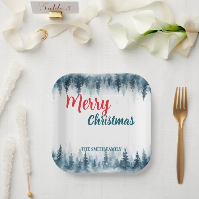 Elegant Christmas Xmas winter pine tree forest Hol Pappteller (Hochzeit)