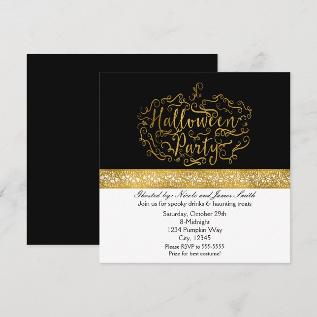 Elégant Citrouille Black White & Gold Invitations (Devant / Derrière)