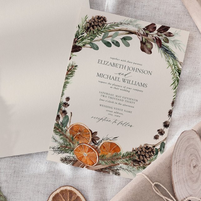 Elegant Citrus Boho Greenerity Winter Wedding Einladung (Easily personalize this formal bohemian citrus invitation for the perfect fall or winter wedding)