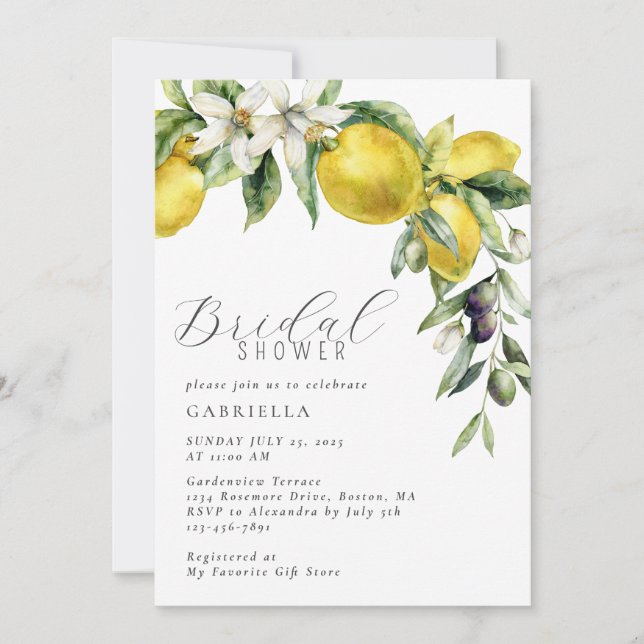 Elegant Citrus Lemon Bridal Shower Einladung (Vorderseite)